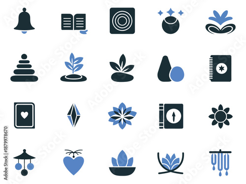 Set of relaxing and wellness-themed icons in soothing blue tones.