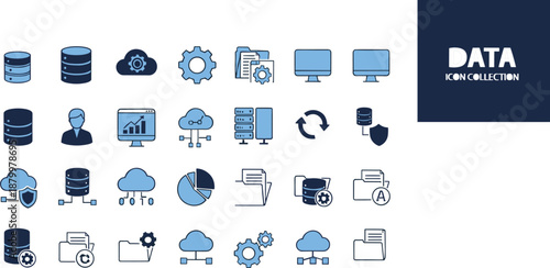 Big data and cloud computing icon set featuring server storage, database management, network security, analytics charts, and digital information folders on white background.
