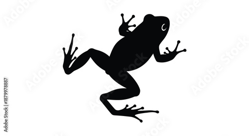A striking black graphic depicts a frog in mid leap showcasing its anatomy in a minimalist bold form silhouette high quality professional