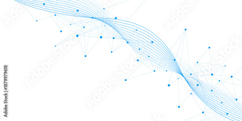 Abstract wavy lines and connecting blue dots or plexus background. Suitable for science, technology, biochemistry and biology concept design. Vector