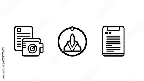 Administrative and leadership icon set featuring stacked file folders with search icon, a person in religious vestments, and a checklist report clipboard.