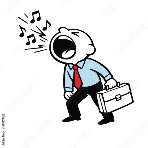 Cartoon businessman shouting loudly with musical notes coming out of his mouth