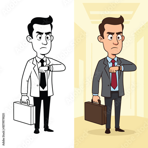 Businessman looking at his watch impatiently while holding a briefcase in a hallway