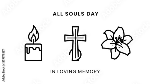 Religious All Souls Day Icon Set with Candle Cross and Lily Flower for Memorial and Remembrance