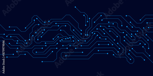 Futuristic circuit board technology, connected electronics elements on dark blue background. Design for hardware, communication and big data visualization. Vector