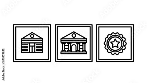 Institutional Line Icon Set Featuring Government Buildings Bank and Star Quality Certification Badge