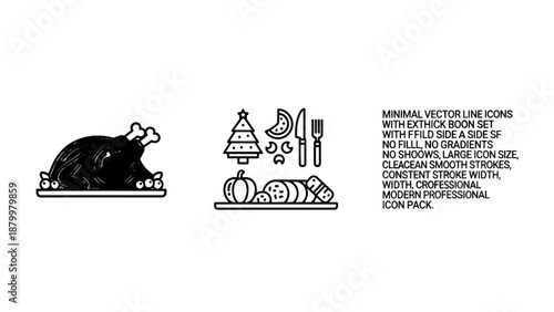 Minimal Line Thanksgiving and Christmas Feast Icons with Roast Turkey and Festive Food Table Settings