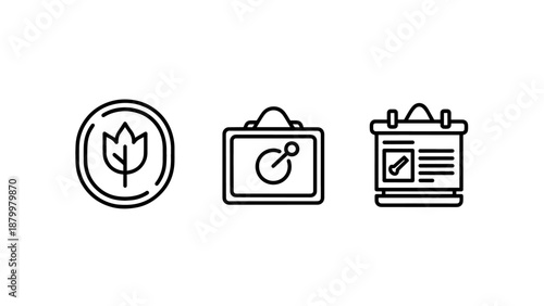 Environmental and Business Presentation Icon Set with Leaf Coin Bulletin Board and Meeting Display