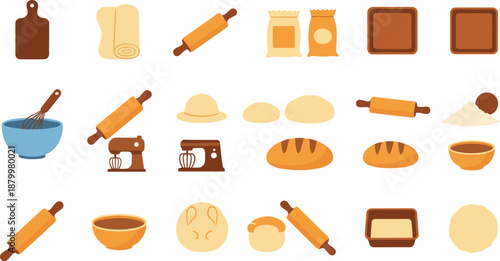 Collection of Baking and Bakery Equipment Icons Featuring Rolling Pins Mixing Bowls Dough Bread Loaves and Kitchen Utensils in Flat Vector Illustration Set.