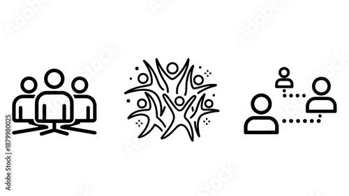 Community Engagement and Teamwork Icons with Figures Celebrating and Social Network Links