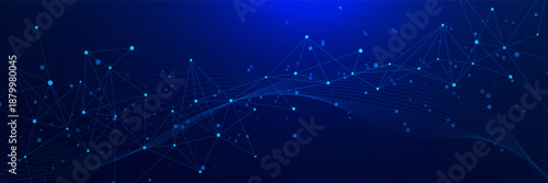 Internet connection and digital communication technology with plexus and wavy lines on dark blue background. Design for AI innovation and science concept. Vector