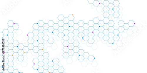Hexagon pattern with colorful dots on white background. Abstract geometric design for science, biochemistry, medical and technology concept. Vector