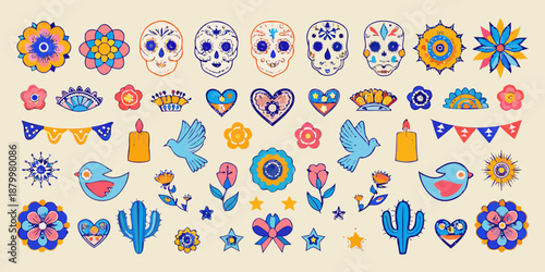 Colorful day of the dead illustrations featuring skulls flowers and traditional symbols