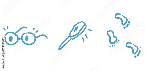 Set of hand-drawn blue investigation icons including glasses magnifying glass and footprints isolated on white background