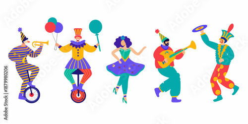 A colorful illustration of circus performers with balloons and musical instruments