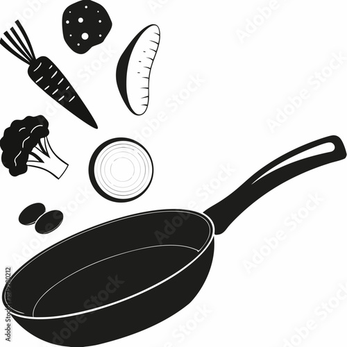 Fresh vegetables falling into a black frying pan a healthy cooking scene