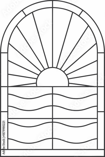 A simple stained glass window design featuring a rising sun motif
