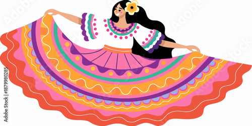 Colorful illustration of a woman gracefully dancing in a vibrant traditional dress