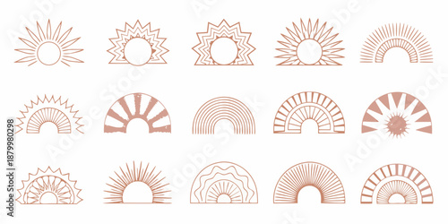 A collection of minimalist geometric sun and arch shaped designs in terracotta