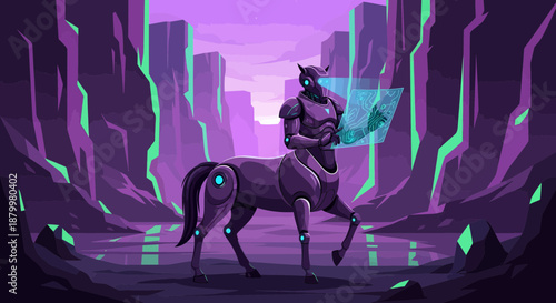 Futuristic Centaur Riding Horse in Neon Purple Cave