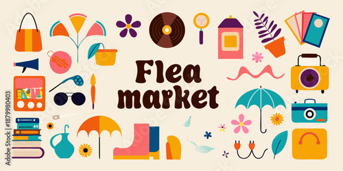 Colorful illustration depicting various items commonly found at a flea market