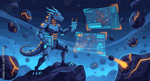 Cyborg Dinosaur in Space with Digital Screens