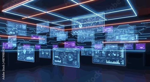 Futuristic Control Room with Multiple Monitors and Data Visualization
