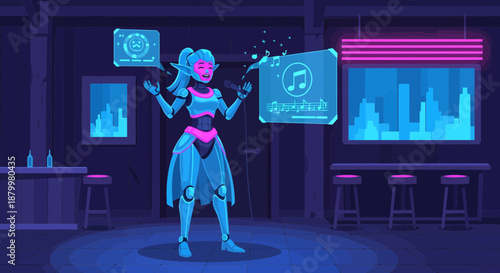 Robot woman interacting with virtual interface in neon lit room