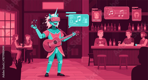 Virtual musician performing in a dimly lit bar