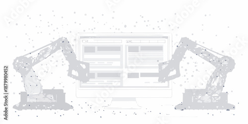 Robotic arms constructing a digital interface with scattered particles