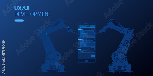 Robotic arms and a smartphone displaying ux ui code a futuristic concept