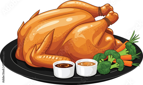 Delicious whole roasted turkey served on a black platter with broccoli carrots and dipping sauces isolated on white background for Thanksgiving holiday dinner designs