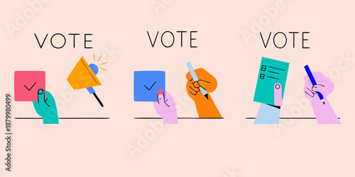 Hands displaying voting symbols like a megaphone ballot and checkmarks
