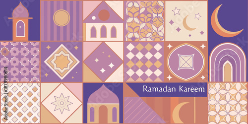 A colorful ramadan kareem background with islamic patterns and architectural elements