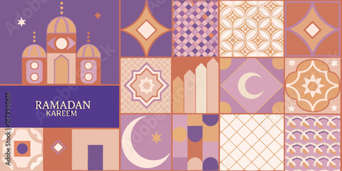 Ramadan kareem islamic pattern background with crescent moon and mosque design