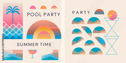 Colorful summer party design with palm trees waves and cocktail glass illustration