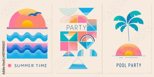 Abstract summer designs featuring sun waves palm leaves and colorful geometric shapes