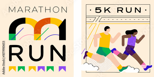 Colorful illustrations promoting marathon and 5k run events with energetic designs