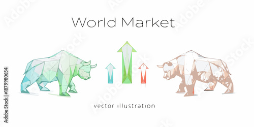 Geometric bull and bear illustration representing a rising and falling market trend
