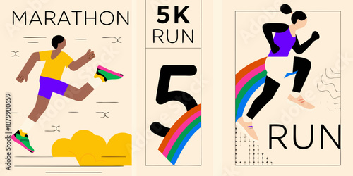 Colorful minimalist illustration promoting marathon and 5k running events with a runner