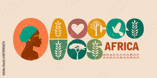 Stylized illustration featuring african motifs plants and a profile silhouette