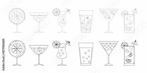 Line art illustration of various cocktail glasses with fruit garnishes