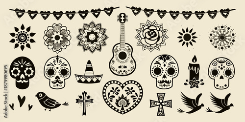 Dia de los muertos elements skulls flowers guitars and festive decorations