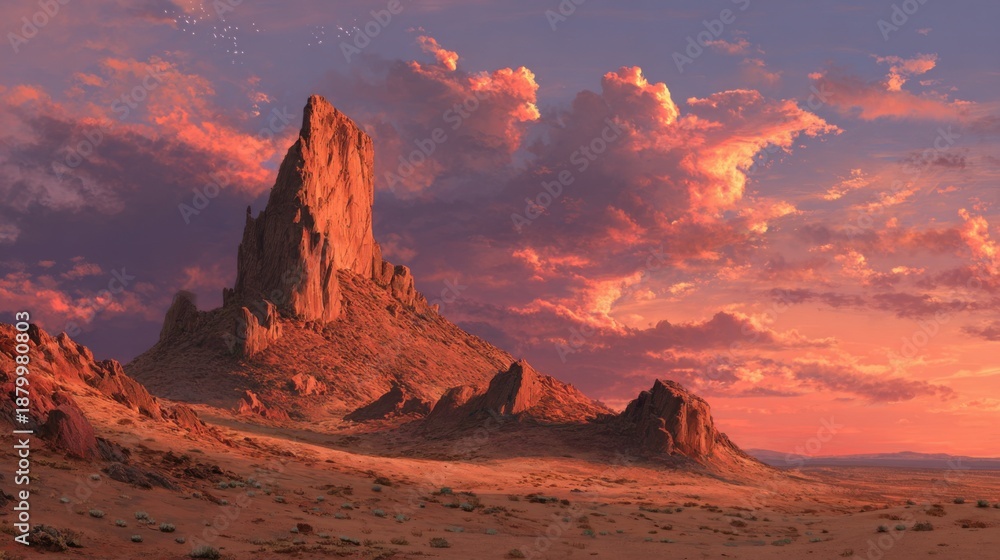 Naklejka premium Dramatic desert rock formation under fiery sunset clouds
