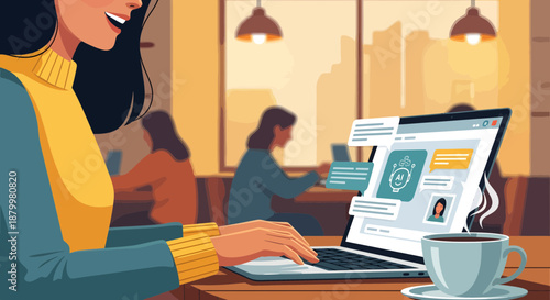 Woman working on laptop in cozy cafe environment