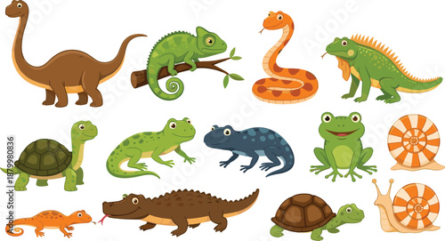 Cute cartoon reptile and amphibian vector set featuring friendly dinosaur, snake, turtle, frog, chameleon, lizard, crocodile, and snail characters for children education and design.