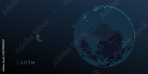 A minimalist illustration depicting earth and the moon in a dark blue space