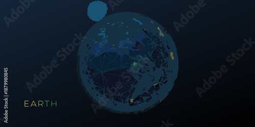 Abstract polygonal earth illustration with glowing points and a moon above