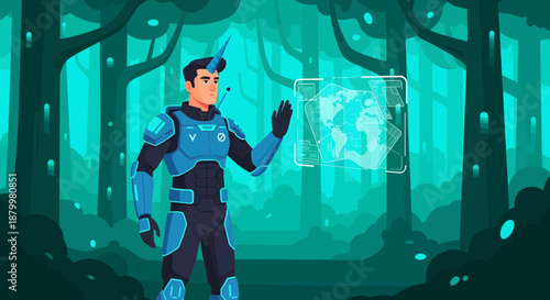 Futuristic soldier interacting with virtual interface in forest