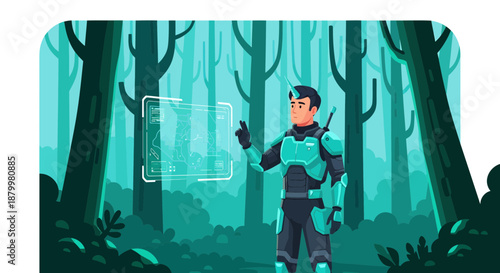 Futuristic Soldier in Forest Examining Virtual Data Screen